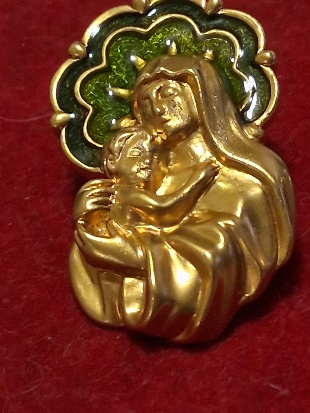 Source Unknown Gold-Tone Madonna and Child Brooch with Green Enamel Halo